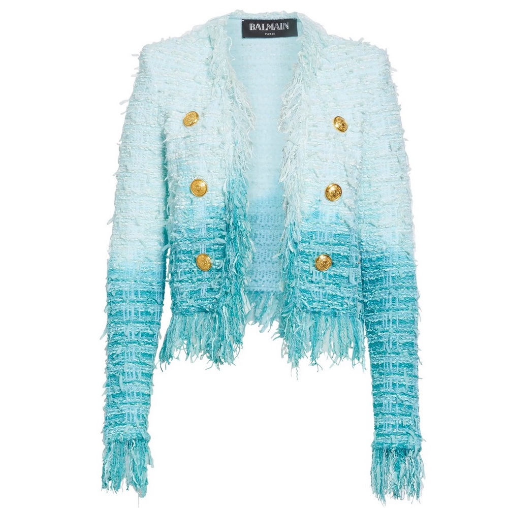 Balmain Fringe Dip Dye Tweed Jacket In Blue